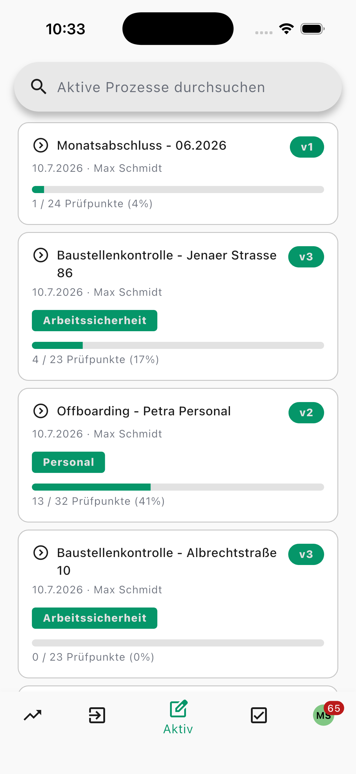 Screenshot der Pace Mobile App: Liste aller aktiven Prozesse mit Suchfeld, Version, Kategorie und Fortschritt der Prüfpunkte