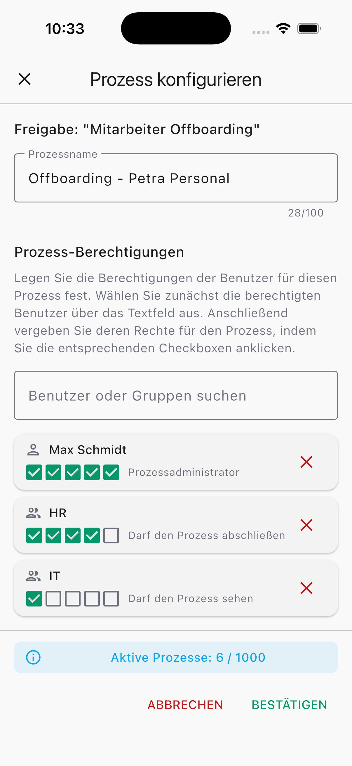 Screenshot der Pace Mobile App: Dialog „Prozess konfigurieren“ für die Freigabe „Mitarbeiter Offboarding“ mit Prozessname und Berechtigungen für Benutzer und Gruppen