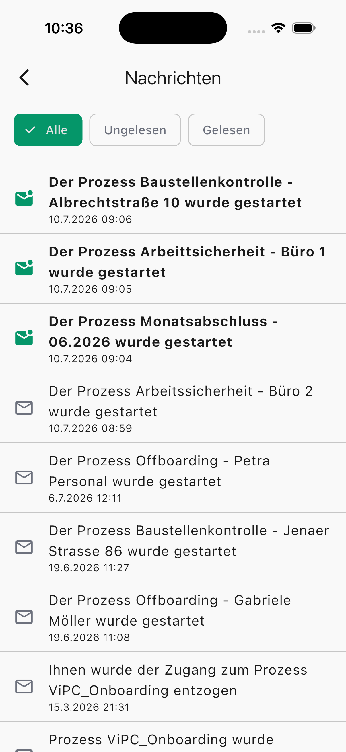 Screenshot der Pace Mobile App: Nachrichtenübersicht mit Filtern für alle, ungelesene und gelesene Benachrichtigungen zu gestarteten Prozessen und Zugriffsänderungen